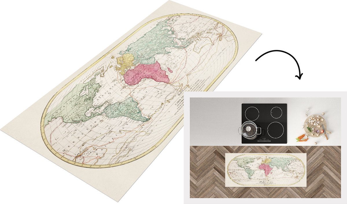 KitchenYeah Keukenloper - Loper keuken - Wereldkaart - Vintage - Kleuren - 120x50 cm - Keukenloper vinyl Multicolor