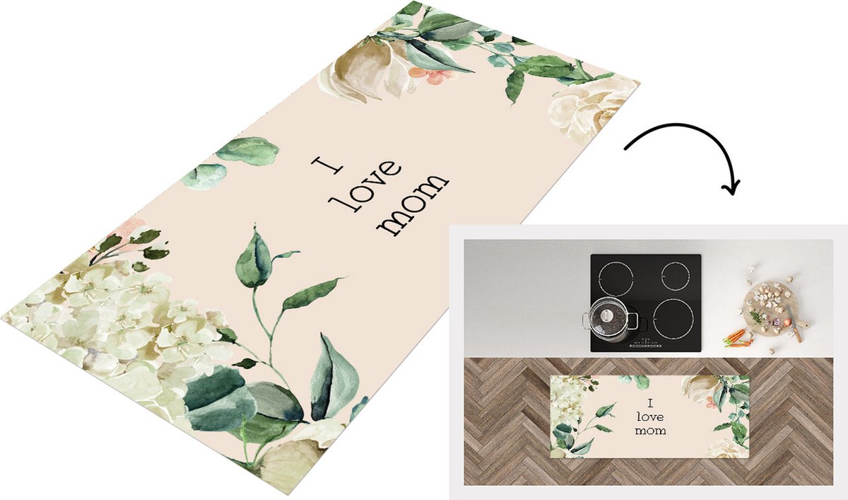 KitchenYeah Keukenloper - Loper keuken - Spreuken - Quotes I Love Mom - Moederdag - Bloemen - Mama - Moeder - 120x50 cm - Keukenloper vinyl Multicolor