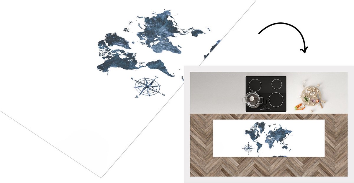 KitchenYeah Keukenloper - Loper keuken - Wereldkaart - Waterverf - Blauw - Keukenloper vinyl Multicolor