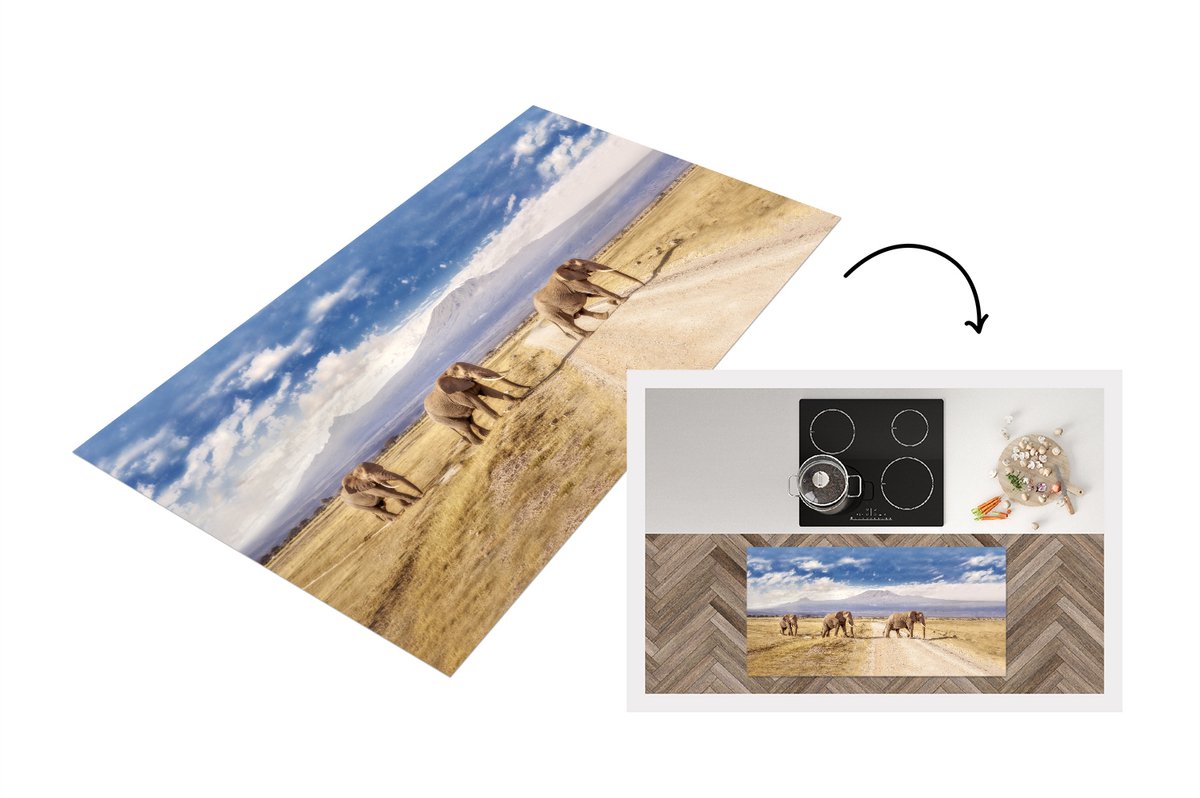 KitchenYeah Keukenloper - Loper keuken - Drie overstekende olifanten - 120x60 cm - Keukenloper vinyl Multicolor