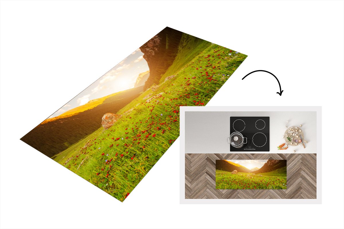 KitchenYeah Keukenloper - Loper keuken - Bloemen - Berg - Zon - Keukenloper vinyl Multicolor
