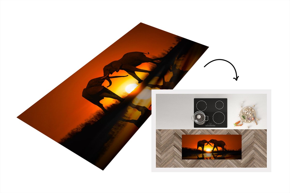 KitchenYeah Keukenloper - Loper keuken - Olifanten koppel bij zonsondergang - 120x50 cm - Keukenloper vinyl Multicolor