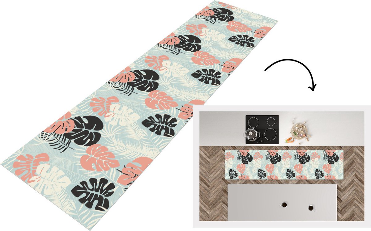 KitchenYeah Keukenloper - Loper keuken - Bladeren - Monstera - Pastel - Hawaii - Patronen - 200x50 cm - Keukenloper vinyl Multicolor