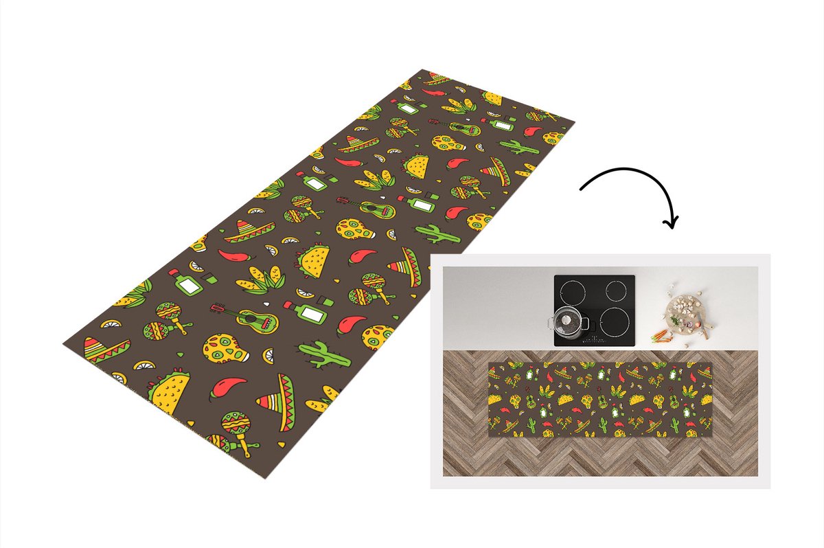 KitchenYeah Keukenloper - Loper keuken - Patroon - Mexico - Sombrero - 180x60 cm - Keukenloper vinyl Multicolor