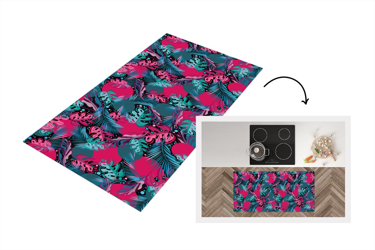 KitchenYeah Keukenloper - Loper keuken - Bladeren - Hawaii - Design - Roze - Blauw - 120x60 cm - Keukenloper vinyl Multicolor
