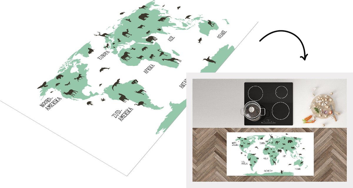 KitchenYeah Keukenloper - Loper keuken - Wereldkaart kinderen - Dieren - Groen - 120x60 cm - Keukenloper vinyl Multicolor