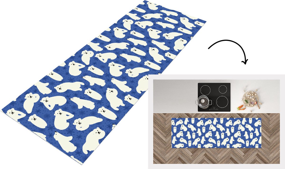 KitchenYeah Keukenloper - Loper keuken - Sneeuw - IJsbeer - Dieren - Winter - Patroon - 180x60 cm - Keukenloper vinyl Multicolor