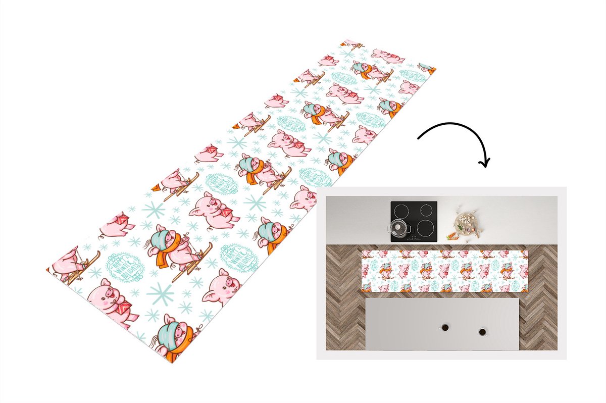 KitchenYeah Keukenloper - Loper keuken - Winter - Varkens - Sneeuw - Patroon - Skiën - 240x60 cm - Keukenloper vinyl Multicolor