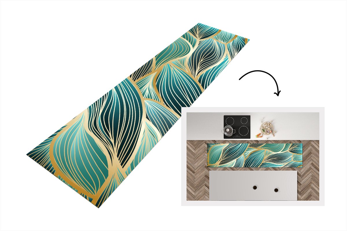 KitchenYeah Keukenloper - Loper keuken - Gouden golven op een blauwe achtergrond - 200x50 cm - Keukenloper vinyl Multicolor