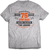 75 Jaar Legend - Feest kado T-Shirt Heren / Dames - Antraciet Grijs / Oranje - Perfect Verjaardag Cadeau Shirt - grappige Spreuken, Zinnen en Teksten. Maat XL