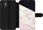 Bookcase Geschikt voor iPhone 12 Pro telefoonhoesje - Marmer print - Roségoud - Luxe - Met vakjes - Wallet case met magneetsluiting