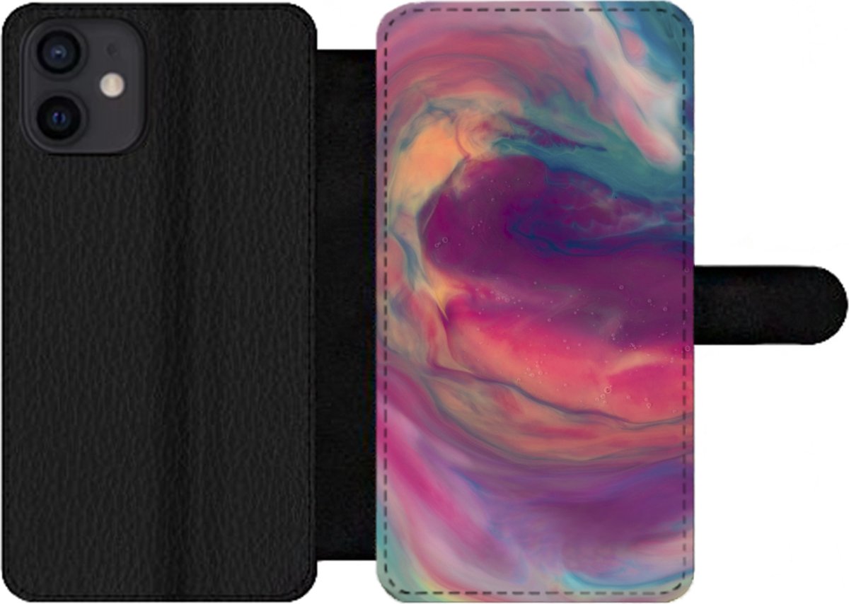 Telefoonhoesje Geschikt voor iPhone 12 telefoonhoesje - Vloeistof - Roze - Turquoise - Abstract - Met vakjes - Wallet case met magneetsluiting