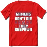 Gamers don't die pixel T-shirt | Gaming kleding | Grappig game verjaardag cadeau shirt Heren – Dames – Unisex | - Rood - XL