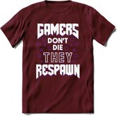Gamers don't die T-shirt | Paars | Gaming kleding | Grappig game verjaardag cadeau shirt Heren – Dames – Unisex | - Burgundy - L