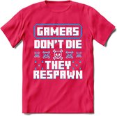 Gamers don't die pixel T-shirt | Blauw | Gaming kleding | Grappig game verjaardag cadeau shirt Heren – Dames – Unisex | - Roze - M