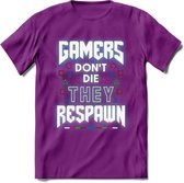 Gamers don't die T-shirt | Neon | Gaming kleding | Grappig game verjaardag cadeau shirt Heren – Dames – Unisex | - Paars - XL