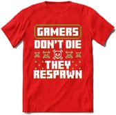 Gamers don't die pixel T-shirt | Groen | Gaming kleding | Grappig game verjaardag cadeau shirt Heren – Dames – Unisex | - Rood - L