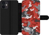 Bookcase Geschikt voor iPhone 12 Mini telefoonhoesje - Rood met grijs camouflage patroon - Met vakjes - Wallet case met magneetsluiting