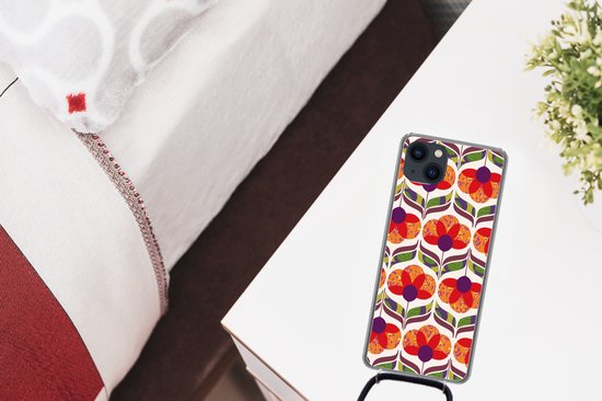 Coque avec cordon iPhone 13 Mini - Rétro - Flower Power - Vintage - Couleurs - Siliconen - Bandoulière - Coque arrière avec cordon - Coque pour téléphone avec cordon - Coque avec corde