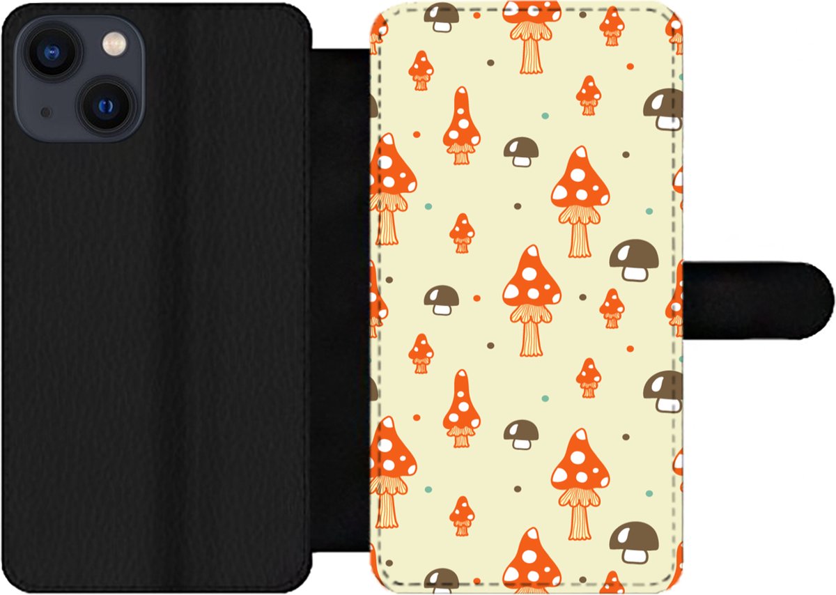 Telefoonhoesje Geschikt voor iPhone 13 telefoonhoesje - Patronen - Paddestoel - Oranje - Met vakjes - Wallet case met magneetsluiting