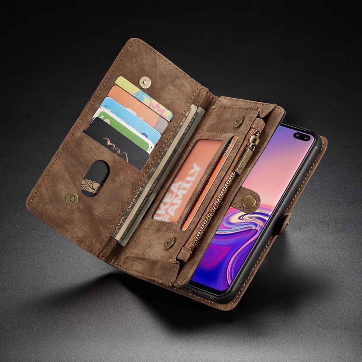 Caseme Telefoonhoesje geschikt voor Samsung Galaxy S10 Hoesje | Caseme 008 Uitneembare 2in1 Bookcase Portemonnee | Pasjeshouder voor 8 Pasjes | Telefoonhoesje voor Pinpas / OV Kaart / Rijbewijs - Bruin