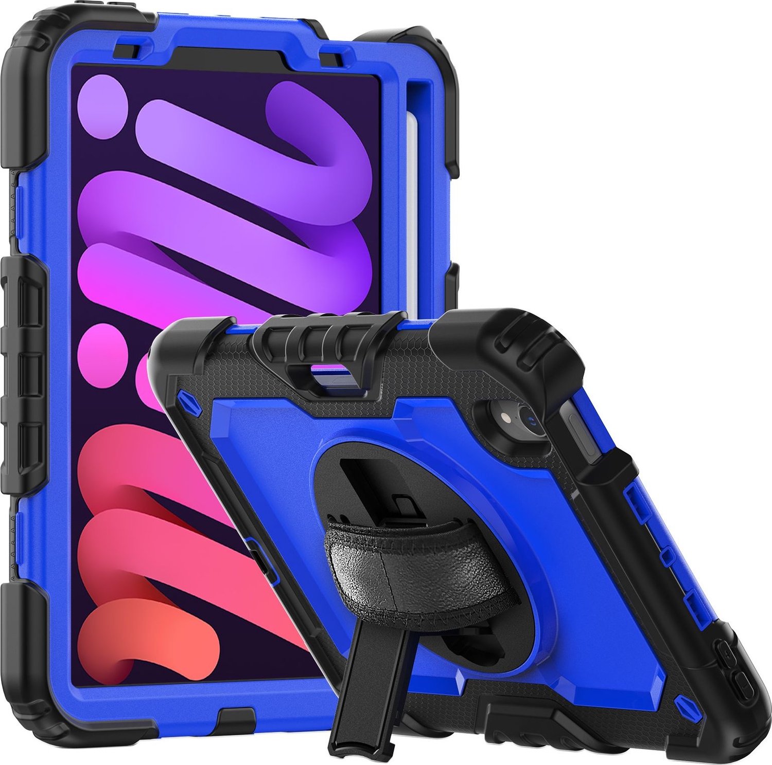 Mobigear SureGrip Xtreme Tablethoes geschikt voor Apple iPad Mini 6 (2021) Hardcase Backcover + Stylus Houder + Schouderband + Standaard - Zwart / Blauw