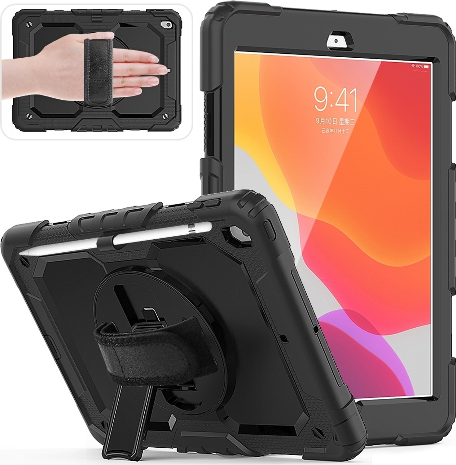 Mobigear SureGrip Xtreme Tablethoes geschikt voor Apple iPad 9 (2021) Hardcase Backcover + Stylus Houder + Schouderband + Standaard - Zwart