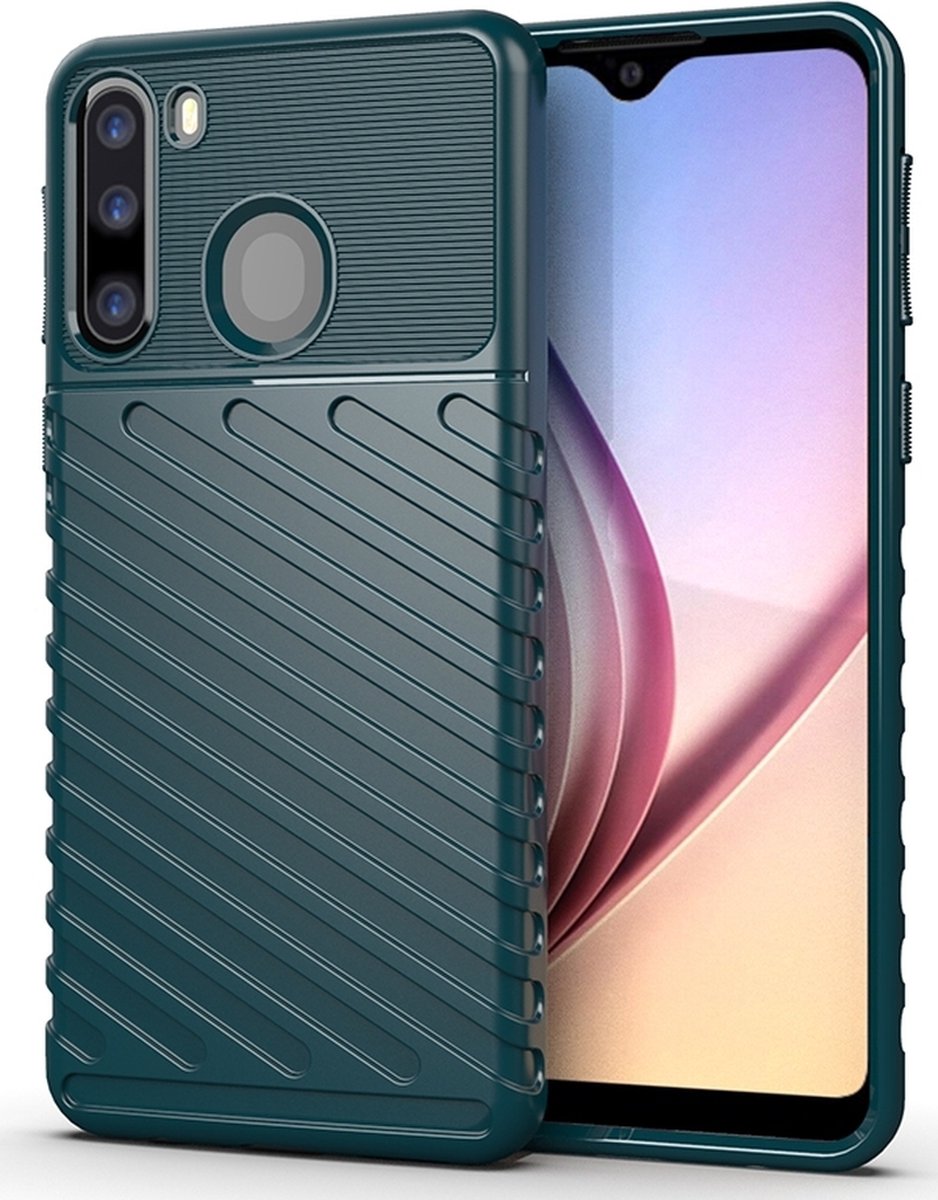 Mobigear Hoesje geschikt voor Samsung Galaxy A21 Telefoonhoesje Flexibel TPU | Mobigear Groove Backcover | Galaxy A21 Case | Back Cover - Groen