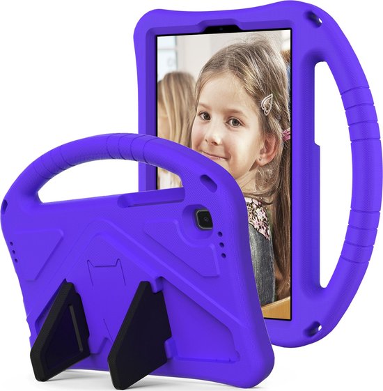 Paarse tablethoes met handvat en uitklapbare standaard, getoond met tablet en kind op het scherm.