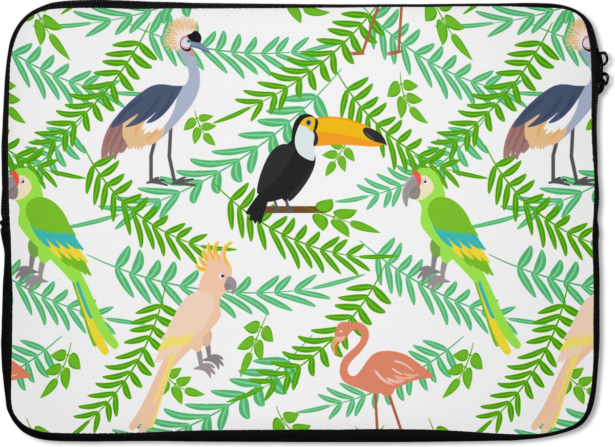 Laptophoes 14 inch - Jungle - Vogel - Patronen - Laptop sleeve - Binnenmaat 33x23 cm - Zwarte achterkant