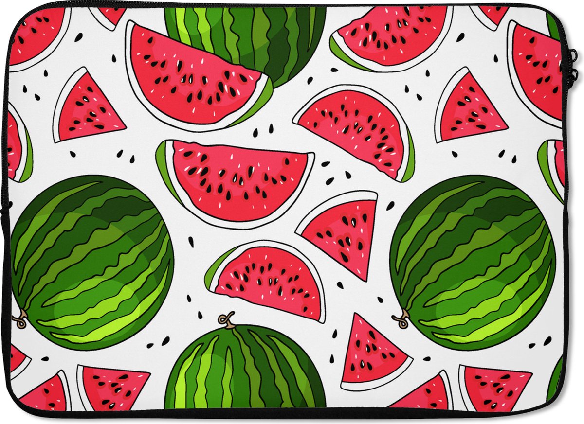 Laptophoes 13 inch - Patroon - Watermeloen - Pit - Fruit - Laptop sleeve - Binnenmaat 32x22,5 cm - Zwarte achterkant