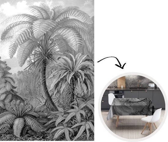 Tafelkleed - Tafellaken - 150x220 cm - Planten - Zwart wit - Design - Illustratie - Botanisch - Binnen en Buiten