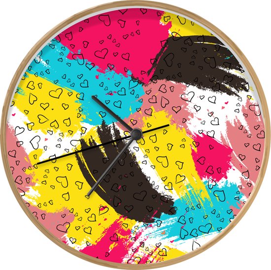 Klok - Ø 30 cm - Design - Hart - Verf - Kleuren - Houtkleurig ...