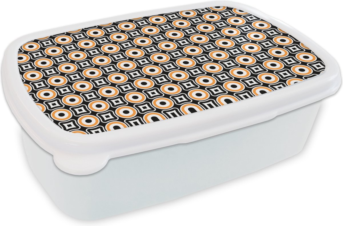 Broodtrommel Wit - Lunchbox Patroon - Cirkel - Retro - Brooddoos 18x12x6 cm - Brood lunch box - Broodtrommels voor kinderen en volwassenen