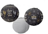 lampion Happy New Year 24 cm papier zwart/wit 3 stuks
