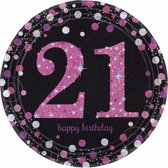 feestborden "21" glitter roze 23 cm 8 stuks