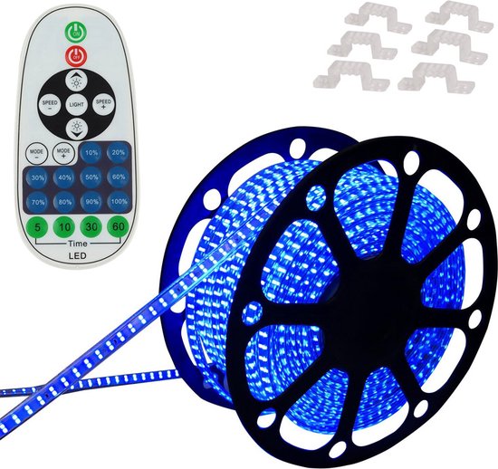 LED Strip Blauw - 30 meter in een ROL - 220V - 2835SMD - 180L/M - IP65 - Met IR 23 knops afstandsbediening