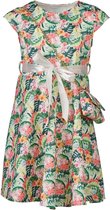 Meisjes jurk kapmouwen met een bijpassend tasje - kleine bloemen/bladeren/flamingoprint | Maat 140/ 10Y
