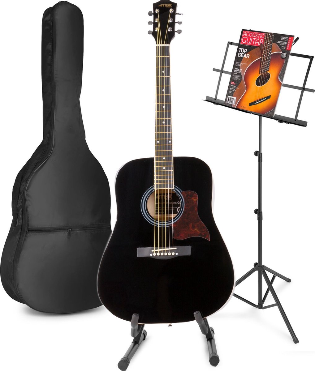 Akoestische gitaar voor beginners - MAX SoloJam Western gitaar - Incl. gitaar standaard, muziekstandaard, gitaar stemapparaat, gitaartas en 2x plectrum - Zwart