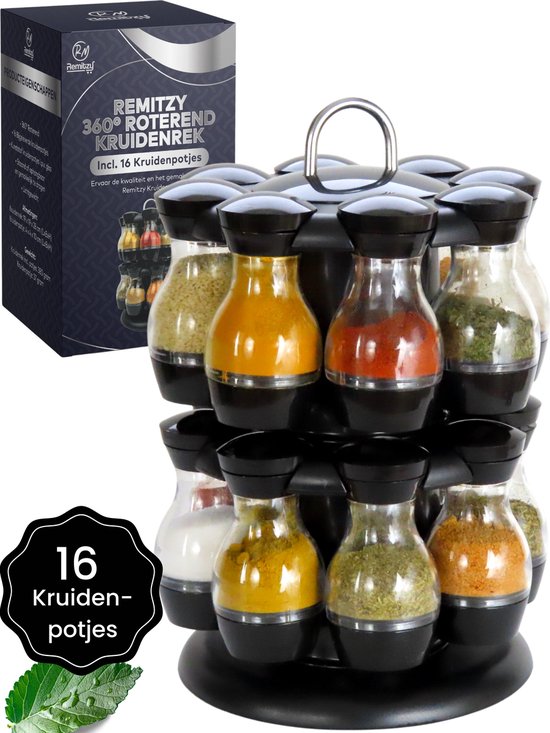 Support à épices avec 16 pots à Pots d'herbes aromatiques - Support à épices Suspendu - Rotatif à 360° - Support à épices debout – Remitzy®