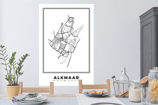 Stickers muraux - Plan de la ville - Zwart Wit - Carte - Alkmaar - Pays- Nederland - Carte - 80x120 cm - Feuille adhésive