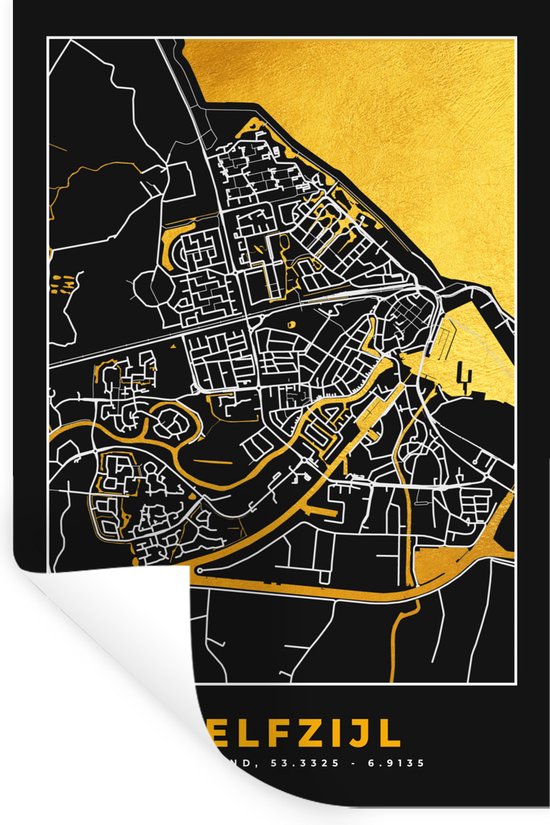 Stickers muraux - Delfzijl - Black and Gold et Or - Carte - Plan de la ville - Carte - 40x60 cm - Feuille adhésive