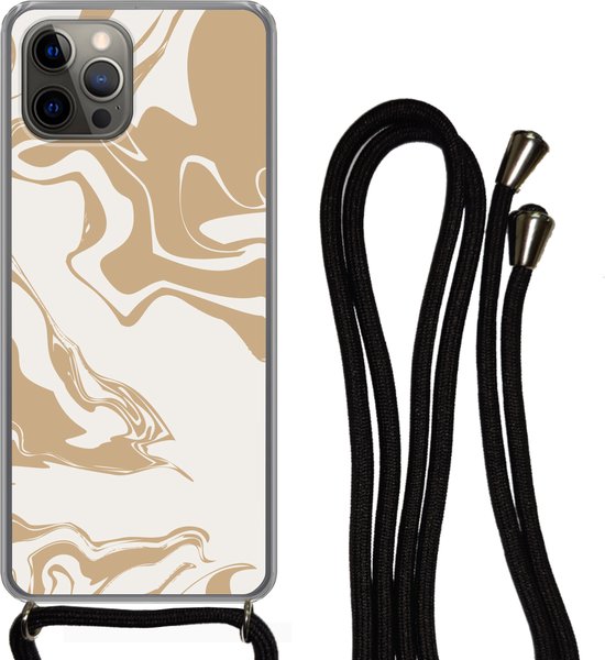 Coque avec cordon iPhone 13 Pro - Imprimé marbré - Beige - Motif - Siliconen - Bandoulière - Coque arrière avec cordon - Coque pour téléphone avec cordon - Coque avec corde