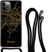 Telefoonkoord - Telefoonketting - Telefoonhoesje Geschikt voor iPhone 13 Pro Max - Sydney - Kaart - Goud - Siliconen - Crossbody - Telefoonhoesje met koord Telefoonhoesje