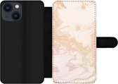 Bookcase Geschikt voor iPhone 13 Mini telefoonhoesje - Marmer print - Oranje - Wit - Met vakjes - Wallet case met magneetsluiting