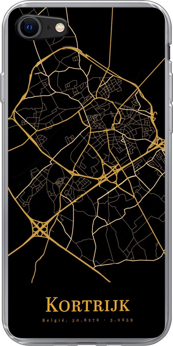 Telefoonhoesje Geschikt voor iPhone 7 hoesje - Kortrijk - Kaart - Goud - Siliconen Telefoonhoesje Telefoonhoesje