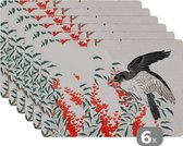 Placemat - Placemats kunststof - Vogel - Bes - Japans - 45x30 cm - 6 stuks - Hittebestendig - Anti-Slip - Onderlegger - Afneembaar