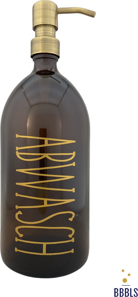 BBBLS® Design Dispenser "Abwasch" | Bruin Glas | 1 liter | RVS / Metaal Pomp Goud | Zeeppomp | Zeepdispenser | Zeephouder