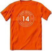 14th Happy Birthday T-shirt | Vintage 2008 Aged to Perfection | 14 jaar verjaardag cadeau | Grappig feest shirt Heren – Dames – Unisex kleding | - Oranje - M