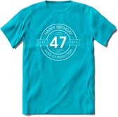 47th Happy Birthday T-shirt | Vintage 1975 Aged to Perfection | 47 jaar verjaardag cadeau | Grappig feest shirt Heren – Dames – Unisex kleding | - Blauw - L